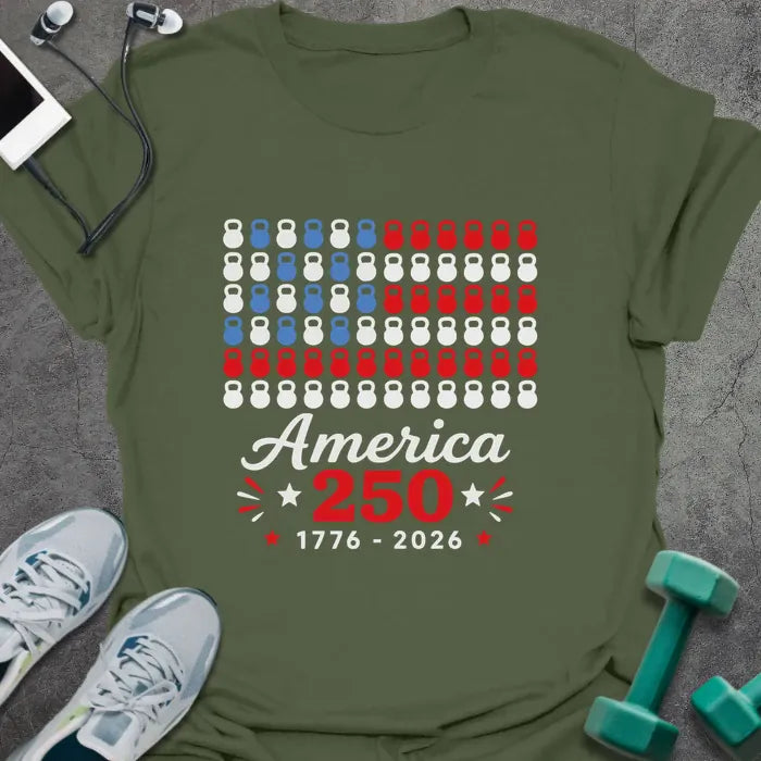 Military green t-shirt with a kettlebell American flag graphic in white and red