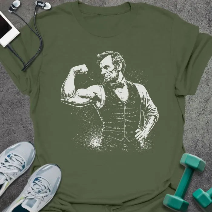Military green t-shirt with Abraham Lincoln flexing graphic in white