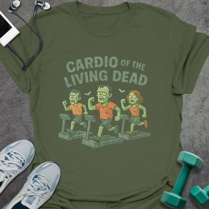 Military green t-shirt printed with "Cardio of the Living Dead" in green and white, with three zombies on treadmills