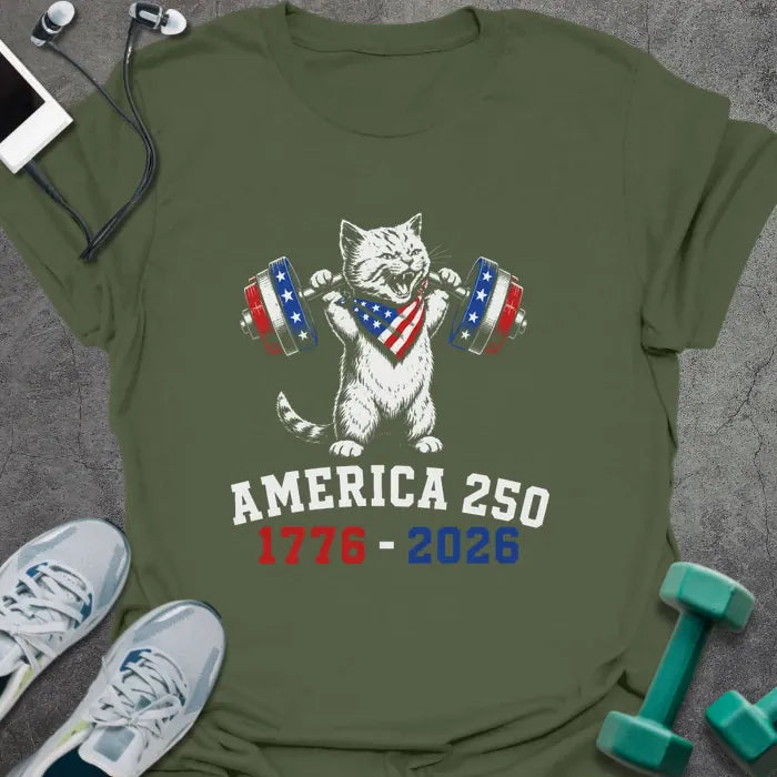 Military green t-shirt with an American flag cat with dumbbells graphic in white and red