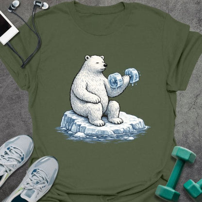 Military green t-shirt with an illustration of a polar bear holding dumbbells in blue and white