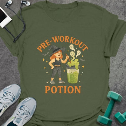 Military green t-shirt printed with "Pre-workout Potion" in orange and green, with an illustration of a woman and a potion bottle