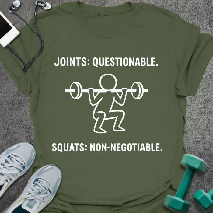 Military green t-shirt printed with "Joints: Questionable. Squats: Non-negotiable." in white, with a white line art stick figure squatting with barbell