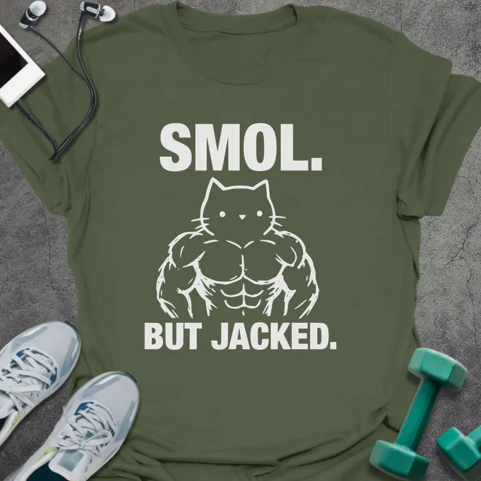 Military green t-shirt printed with "Smol. but Jacked.", with an illustration of a muscular cat