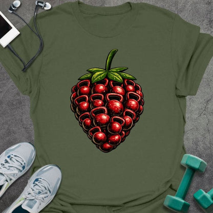 Military green t-shirt with an illustration of a strawberry in red and green