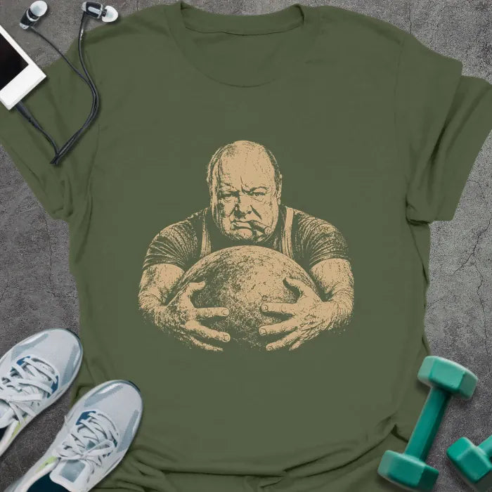 Military green t-shirt with a portrait of Winston Churchill flexing with both arms in white