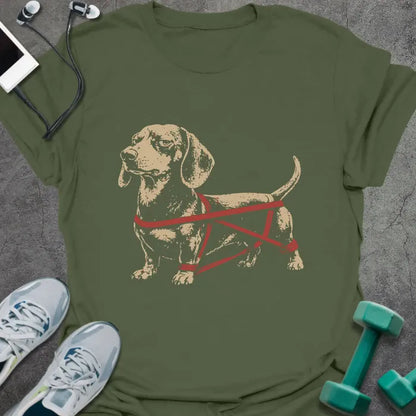 Military green t-shirt with an illustration of a Dachshund with a barbell around it in white