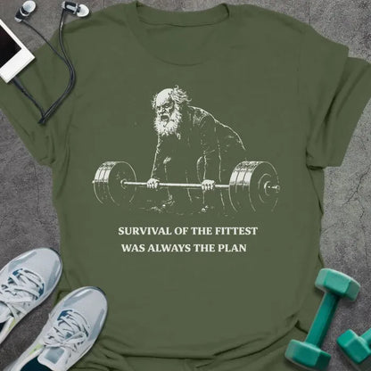 Military green t-shirt printed with "Survival of the Fittest Was Always the Plan" in white, with bearded figure lifting barbell graphic