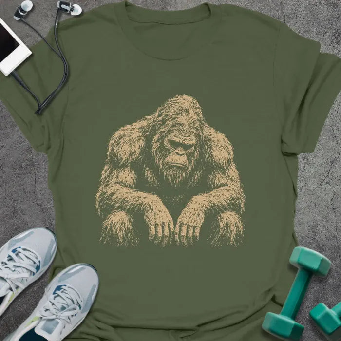 Military green t-shirt with an illustration of Bigfoot looking tired or exhausted in white
