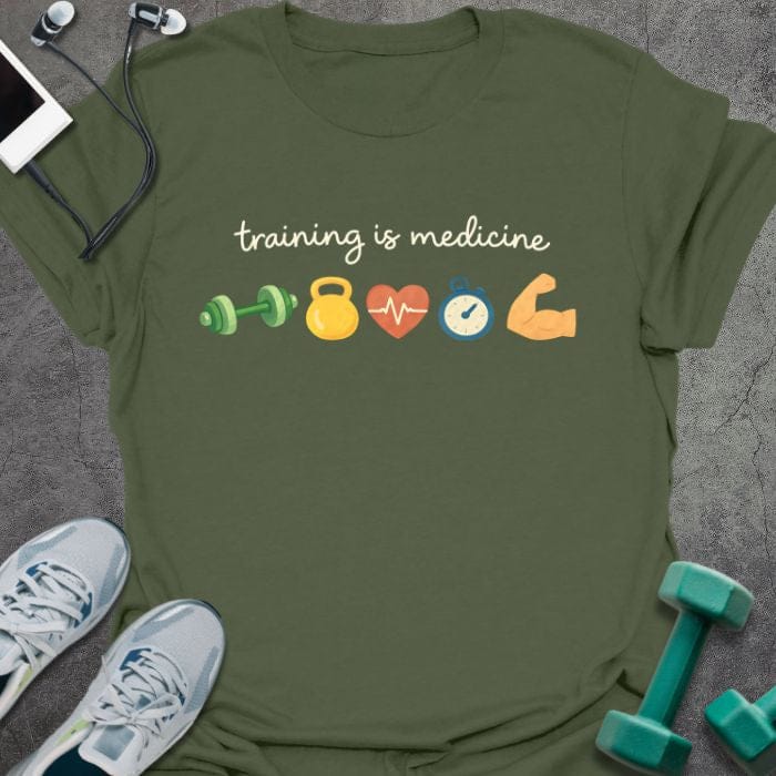 Military green t-shirt printed with "training is medicine" in multicolor, with emoji icons of training elements