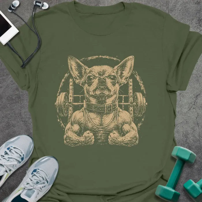 Military green t-shirt with an illustration of a Chihuahua in a muscular stance in white