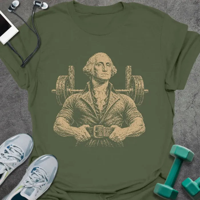 Military green t-shirt with a portrait of George Washington flexing with barbell weight on shoulders in white