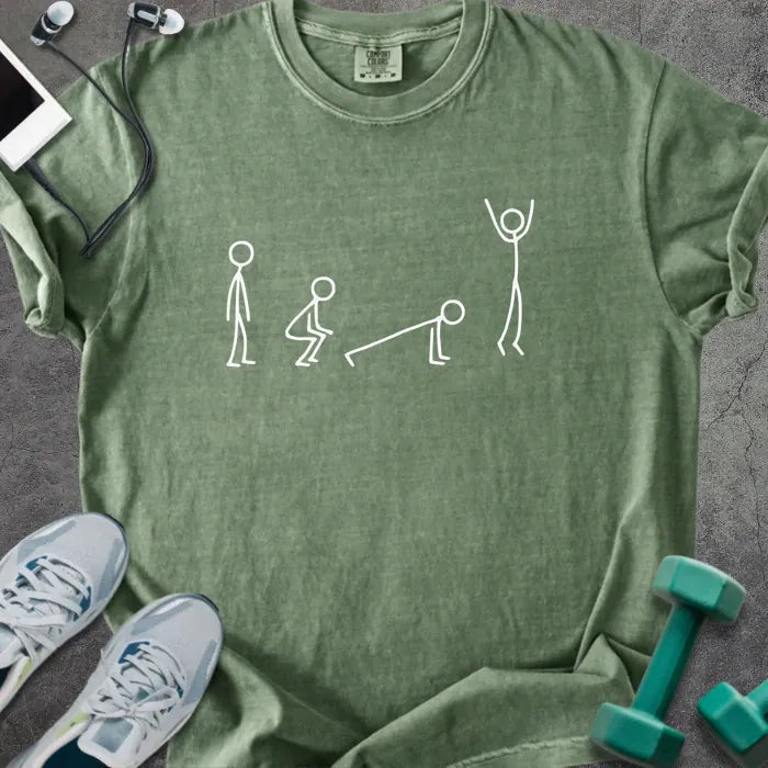Moss t-shirt with stick figures doing burpees graphic in white