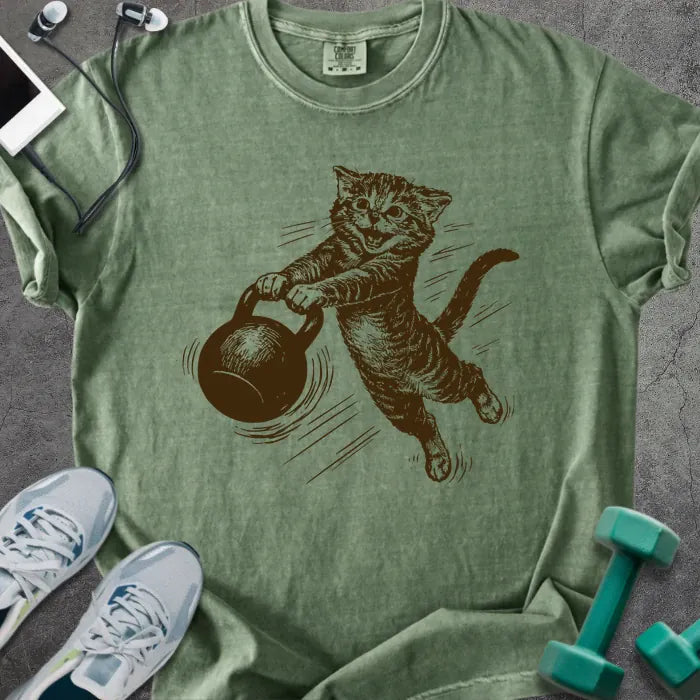 Moss t-shirt with an illustration of a cat swinging a kettlebell in brown and white