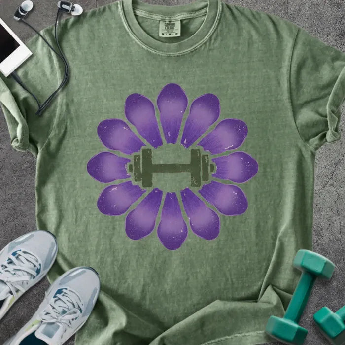 Moss t-shirt with purple crocus flowers and dumbbell in center in purple and green