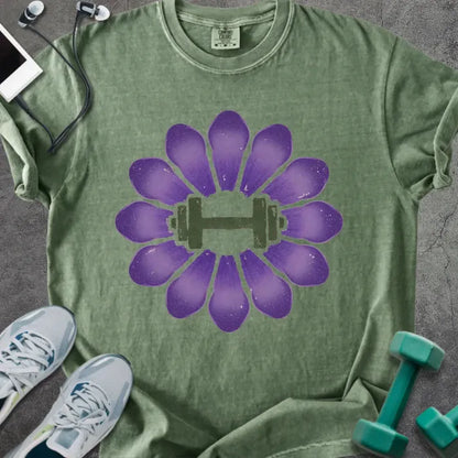 Moss t-shirt with purple crocus flowers and dumbbell in center in purple and green