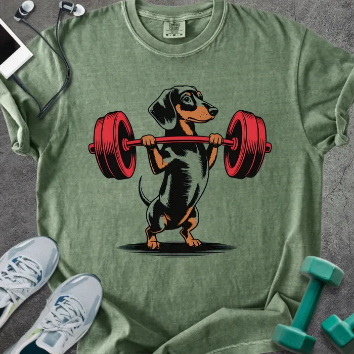 Moss t-shirt with a dachshund dog lifting a barbell in red