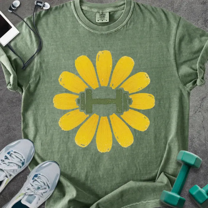 Moss t-shirt with yellow dandelion flower and dumbbell in center in yellow and green