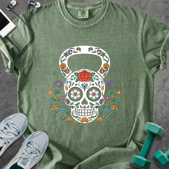 Moss t-shirt with a floral skull kettlebell graphic in multicolor