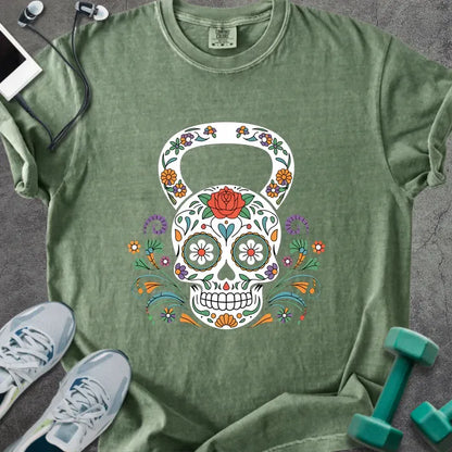 Moss t-shirt with a floral skull kettlebell graphic in multicolor
