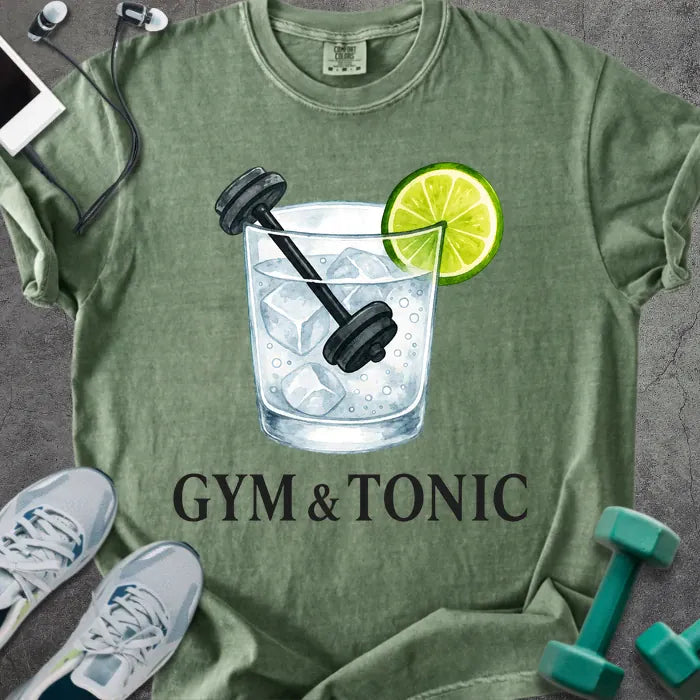 Moss t-shirt printed with "Gym & Tonic", with a kettlebell in a glass and lime graphic