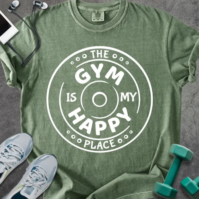 Moss t-shirt printed with "The Gym is my Happy Place" in white, with a barbell graphic