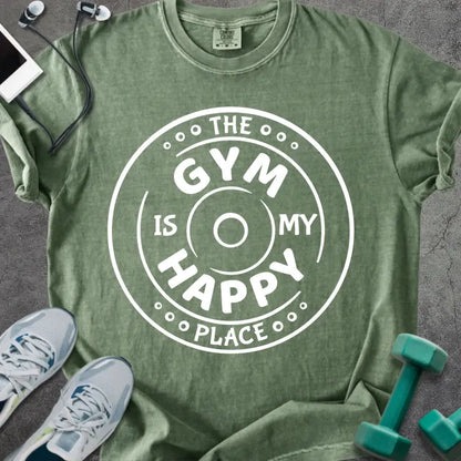 Moss t-shirt printed with "The Gym is my Happy Place" in white, with a barbell graphic
