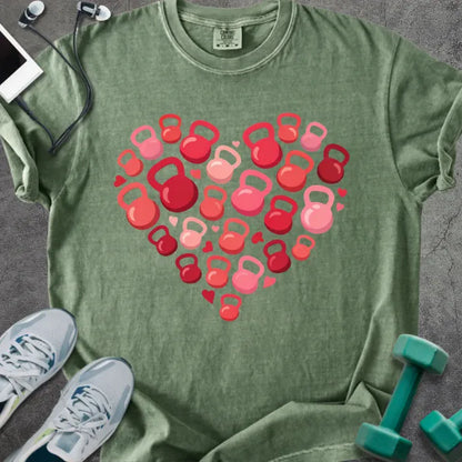 Moss t-shirt with red kettlebells arranged in a heart shape in red and pink