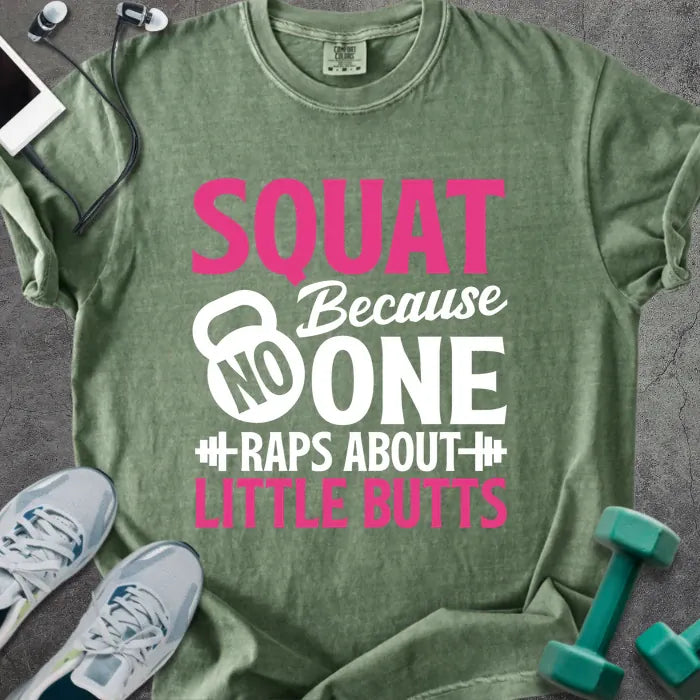 Moss t-shirt printed with "SQUAT Because NOBODY RAPS ABOUT LITTLE BUTTS" in pink and white