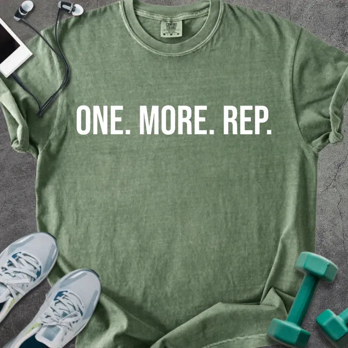 Moss t-shirt printed with "One. More. Rep." in white