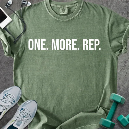 Moss t-shirt printed with "One. More. Rep." in white