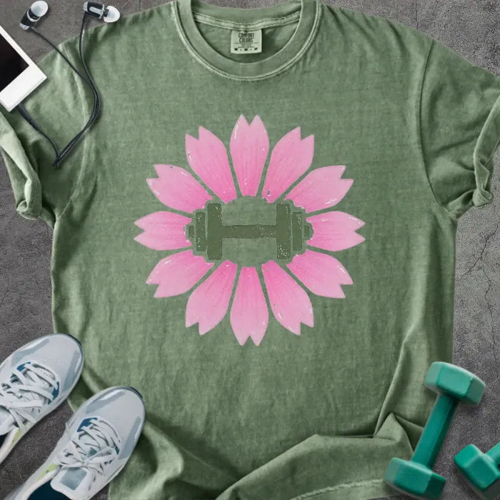 Moss t-shirt with pink sakura flowers and barbell in center in pink and green