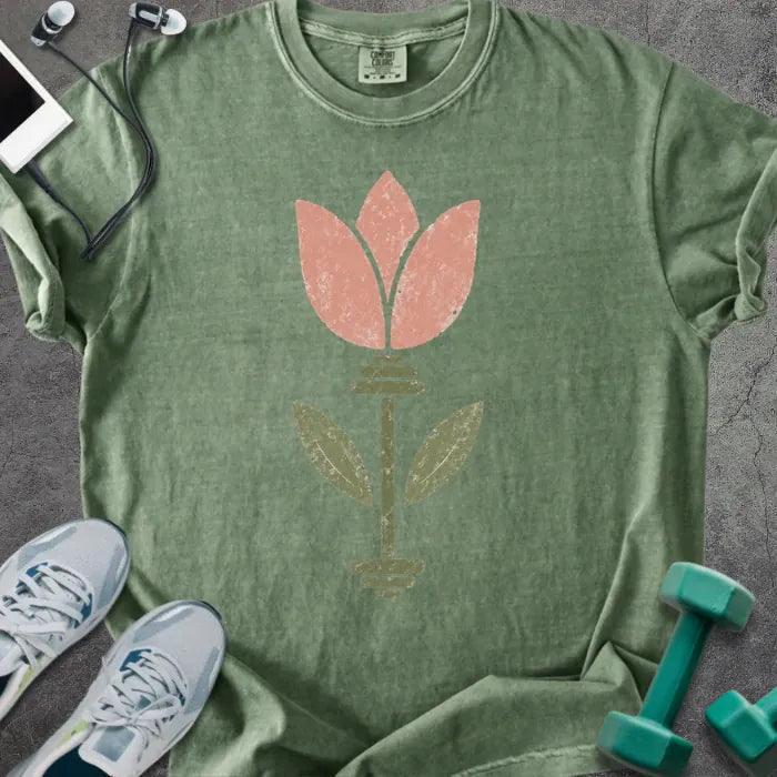 Moss t-shirt with pink tulip flower and barbell in pink and green