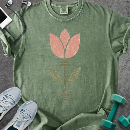 Moss t-shirt with pink tulip flower and barbell in pink and green