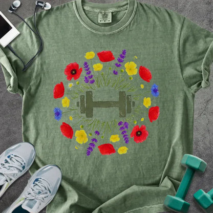 Moss t-shirt with colorful wildflowers and dumbbells in circular arrangement in red, yellow, purple, blue, and green