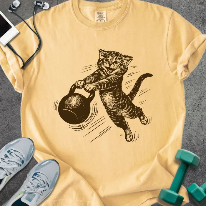 Mustard t-shirt with an illustration of a cat swinging a kettlebell in brown and white