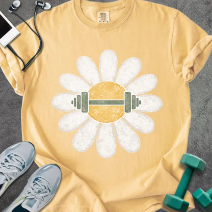 Mustard t-shirt with white daisy and barbell in center in white and yellow