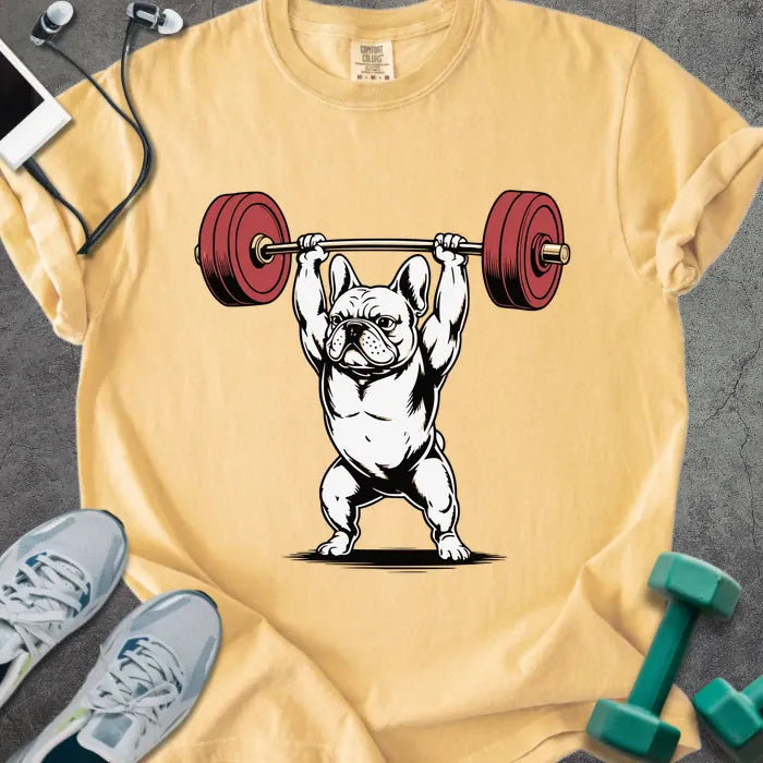 Mustard t-shirt with a French bulldog lifting a barbell