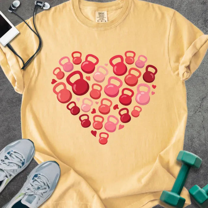 Mustard t-shirt with red kettlebells arranged in a heart shape in red and pink