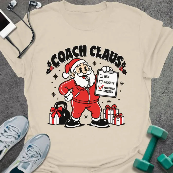 Natural t-shirt printed with "COACH CLAUS" in black, with a cartoon Santa in a red tracksuit and whistle holding a clipboard with "NEEDS MORE SQUATS" checked, next to a kettlebell and wrapped presents