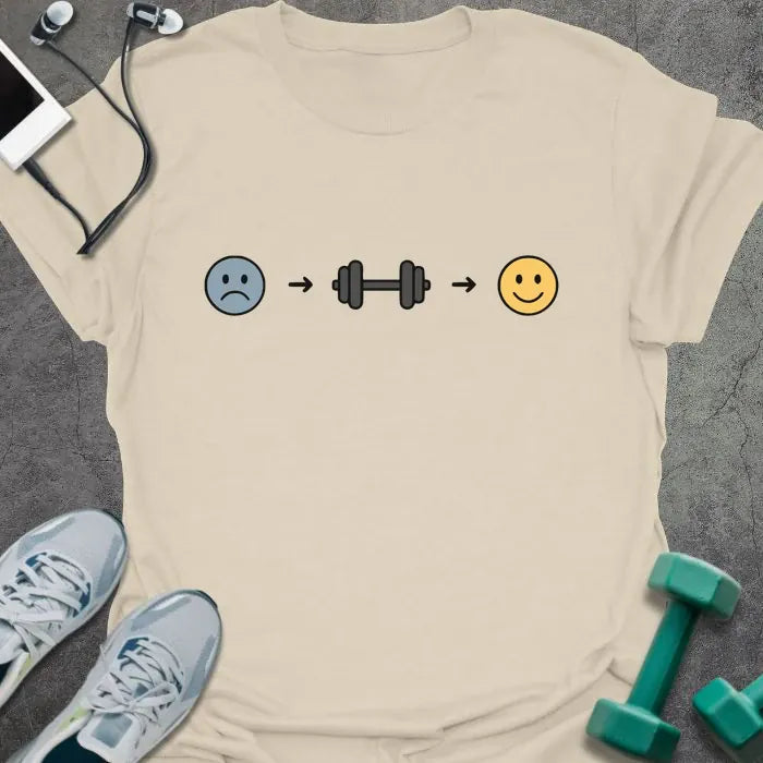 Cream t-shirt with a sad face to dumbbell to happy face progression