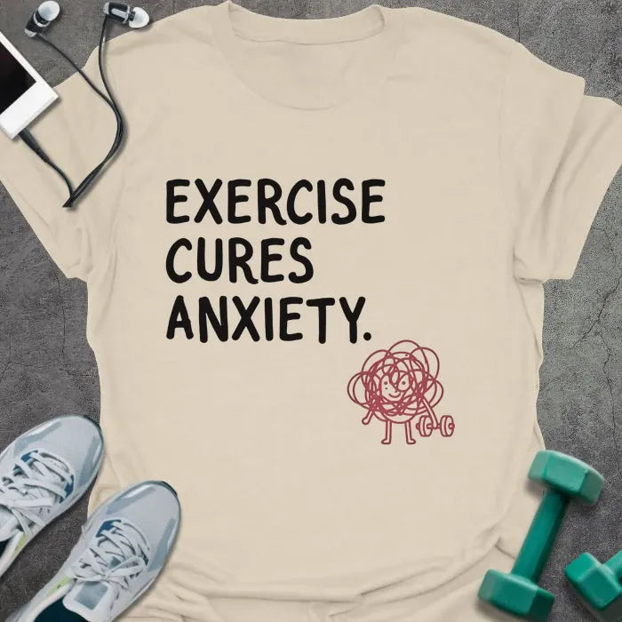 Cream t-shirt printed with "Exercise Cures Anxiety." in red, with a tangled ball figure