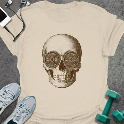 Natural t-shirt with Skull illustration with barbell weights as eye sockets, in brown sepia-tone engraving style