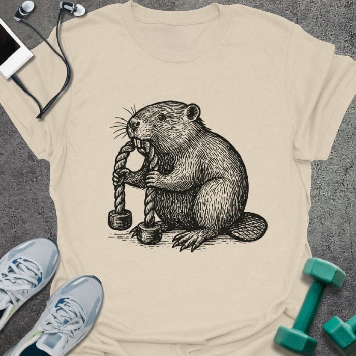 Cream t-shirt with beaver chewing wood