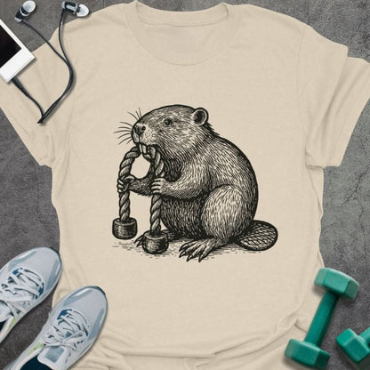 Cream t-shirt with beaver chewing wood