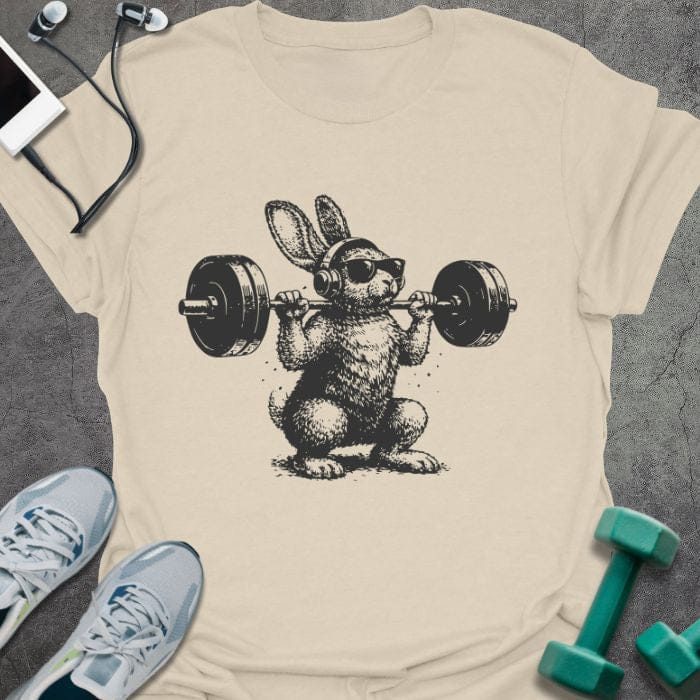 Cream t-shirt with an illustration of a bunny doing a squat with dumbbells in black