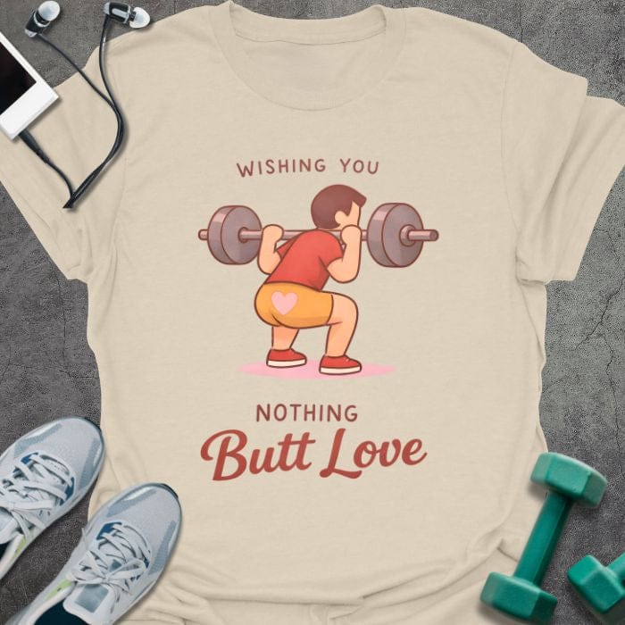 Cream t-shirt printed with "WISHING YOU NOTHING Butt Love" in orange and red, with woman lifting barbell