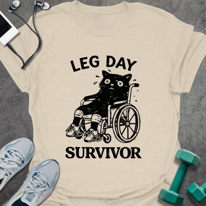 Cream t-shirt printed with "Leg Day Survivor", with a black cat with X eyes sitting in a wheelchair with bandaged legs