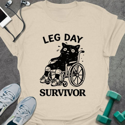 Cream t-shirt printed with "Leg Day Survivor", with a black cat with X eyes sitting in a wheelchair with bandaged legs