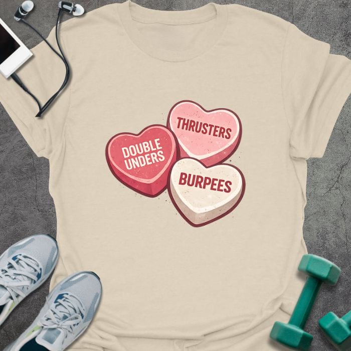 Cream t-shirt printed with "Double Unders Thrusters Burpees" in red, pink, cream, with three candy hearts in red, pink, and cream